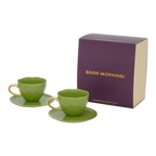 Good Morning-kopje (cappuccino/thee) met schotel, motief 'groenblijvend takje', set van 4, in cadeauverpakking