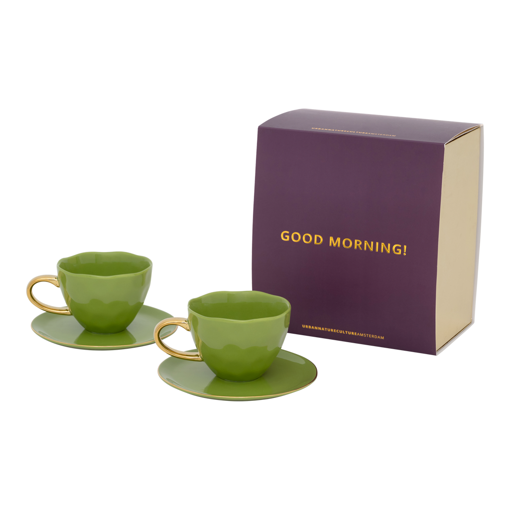 Good Morning-kopje (cappuccino/thee) met schotel, motief 'groenblijvend takje', set van 4, in cadeauverpakking