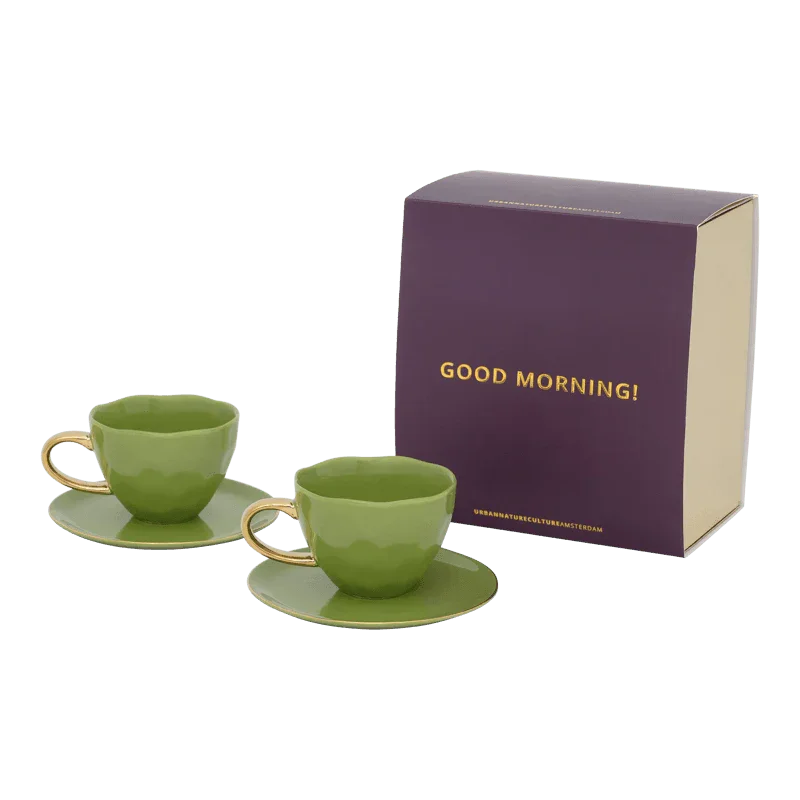 Good Morning-kopje (cappuccino/thee) met schotel, motief 'groenblijvend takje', set van 4, in cadeauverpakking