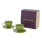 Good Morning-kopje (cappuccino/thee) met schotel, motief 'groenblijvend takje', set van 4, in cadeauverpakking