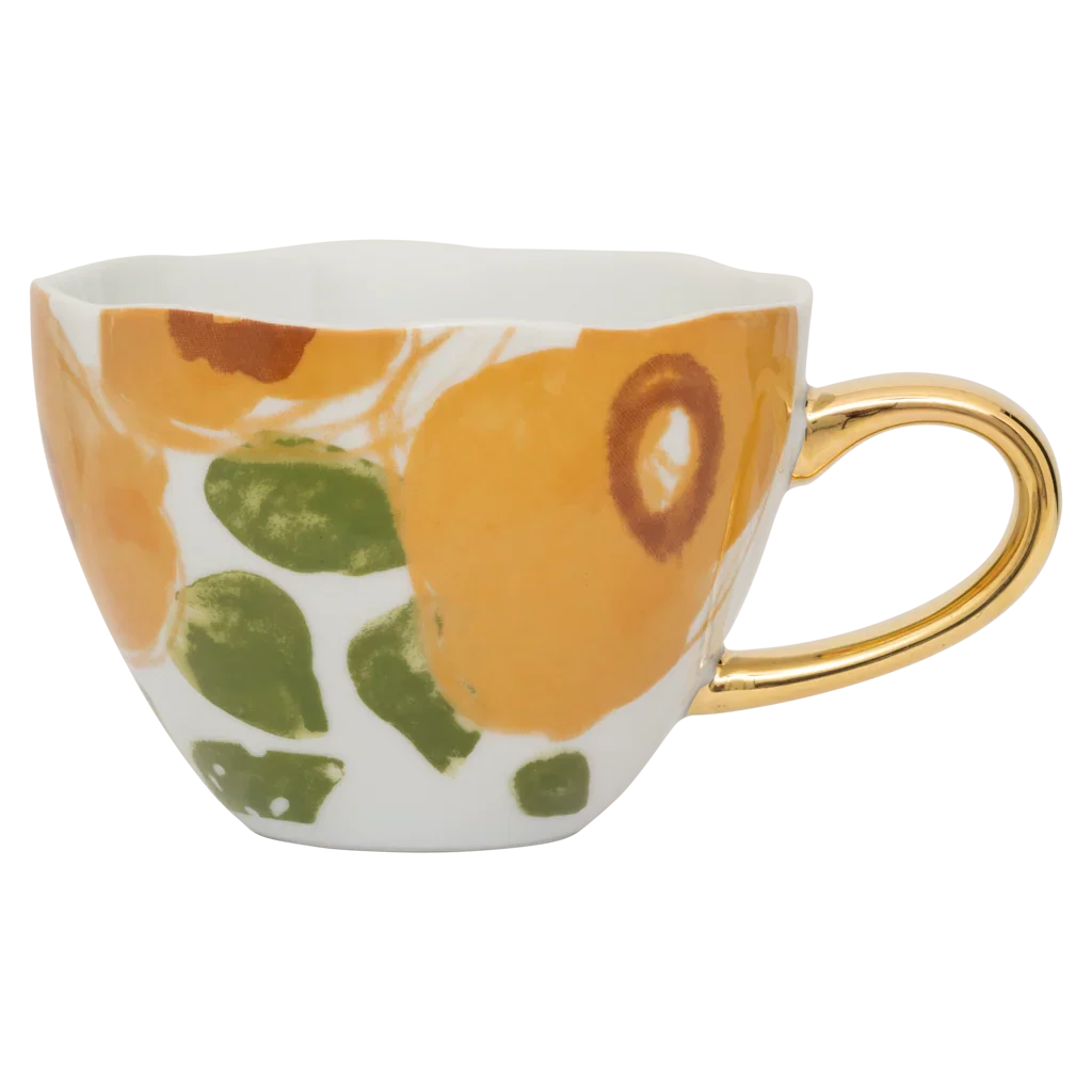 Good morning-kopje cappuccino/thee, floraal ontwerp, karamel