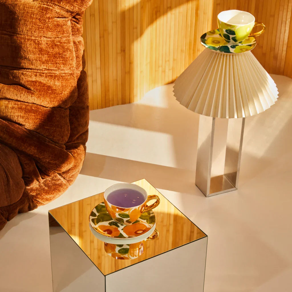 Good morning-kopje cappuccino/thee, floraal ontwerp, karamel
