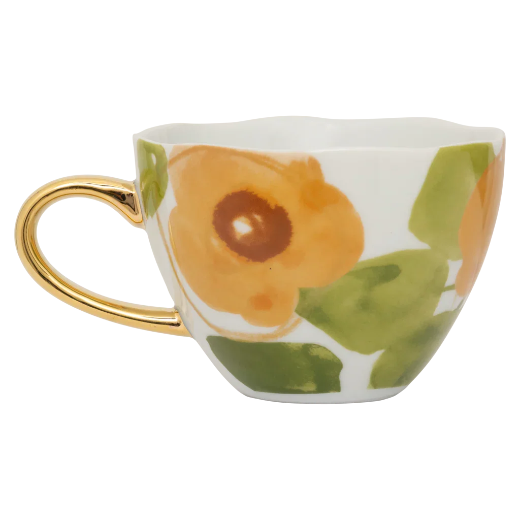 Good morning-kopje cappuccino/thee, floraal ontwerp, karamel