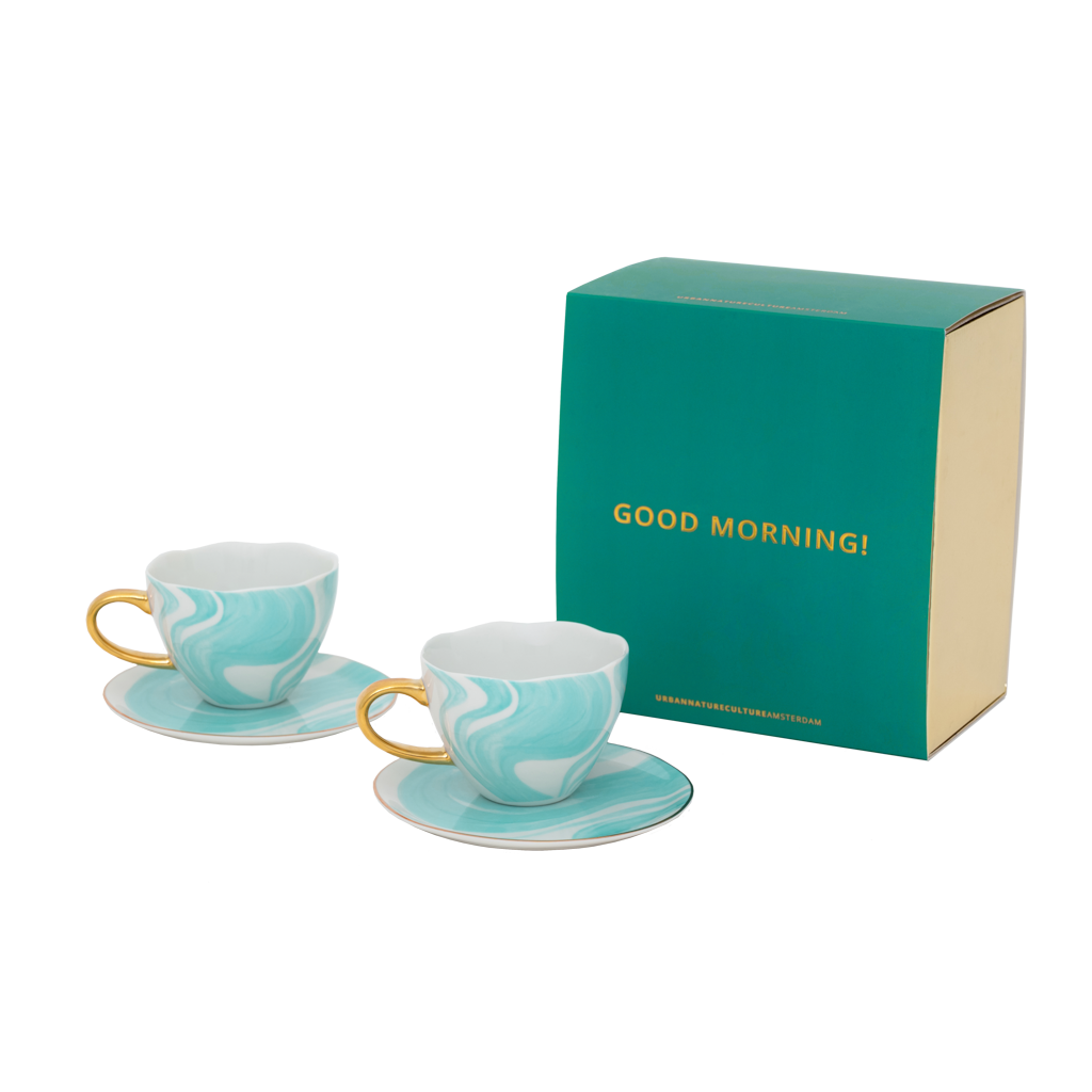 Good Morning-kopje (cappuccino/thee) en schotel Valuri, smaragdgroen, set van 4, in geschenkverpakking