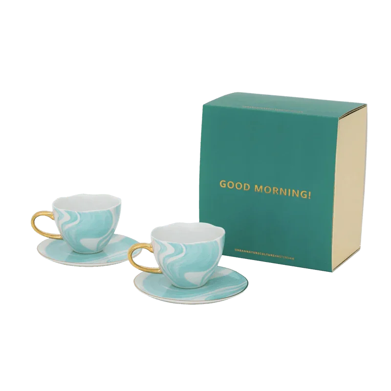 Good Morning-kopje (cappuccino/thee) en schotel Valuri, smaragdgroen, set van 4, in geschenkverpakking