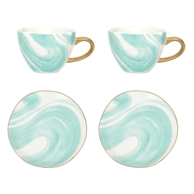 Good Morning-kopje (cappuccino/thee) en schotel Valuri, smaragdgroen, set van 4, in geschenkverpakking