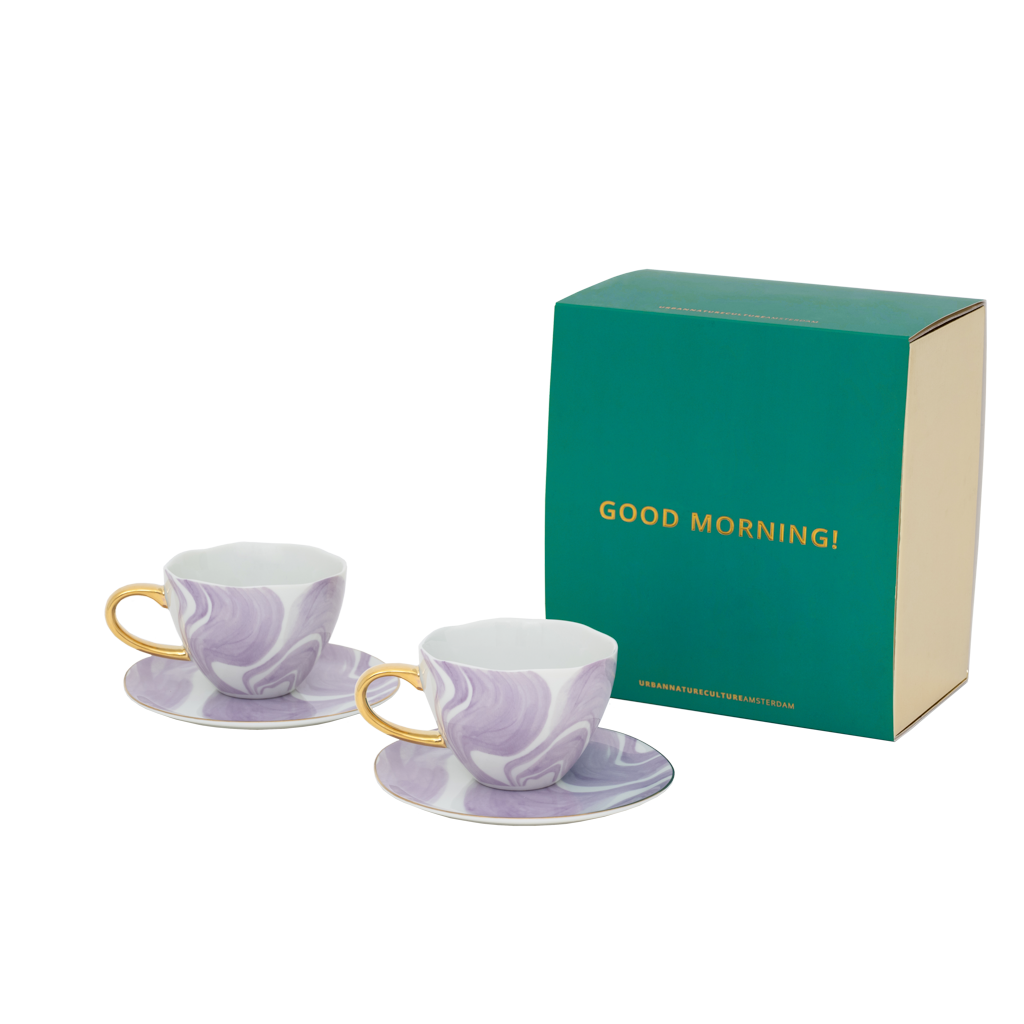 Goedemorgen cappuccino-/theekopje met schotel Valuri Violet, set van 4, in geschenkverpakking