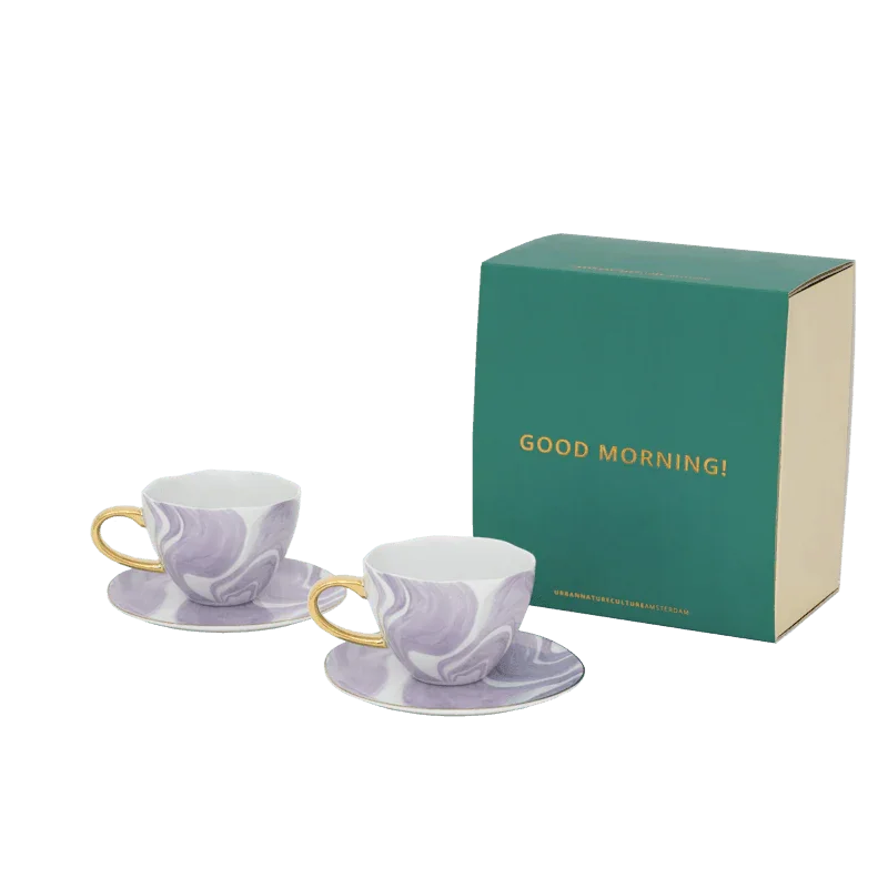 Goedemorgen cappuccino-/theekopje met schotel Valuri Violet, set van 4, in geschenkverpakking