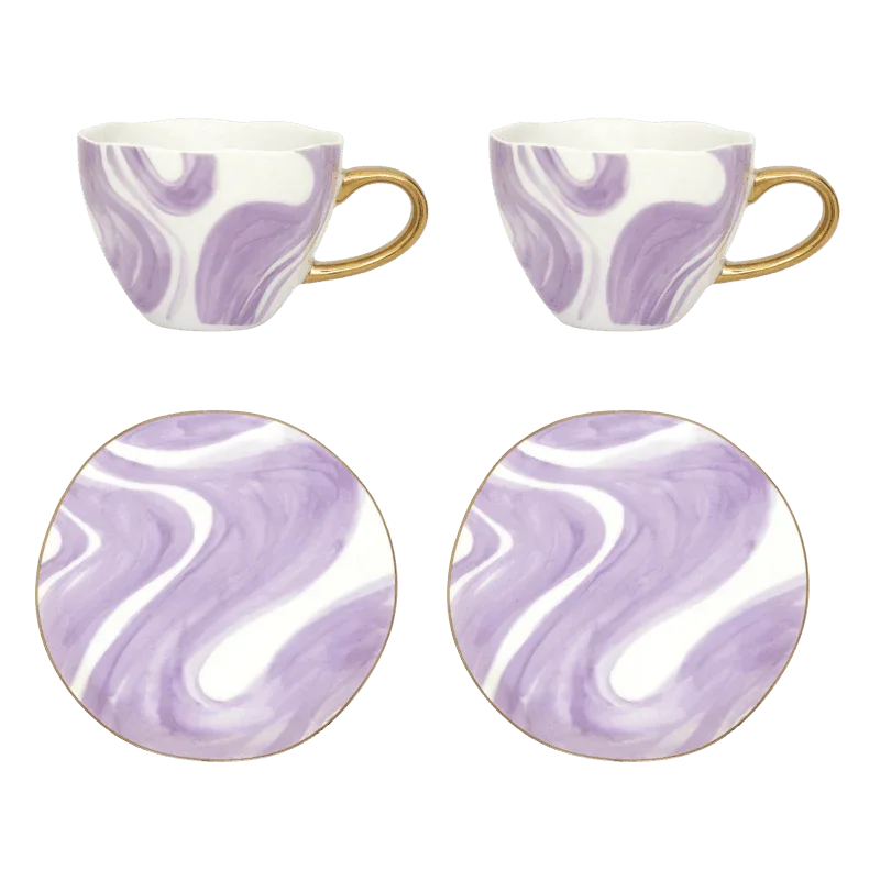 Goedemorgen cappuccino-/theekopje met schotel Valuri Violet, set van 4, in geschenkverpakking