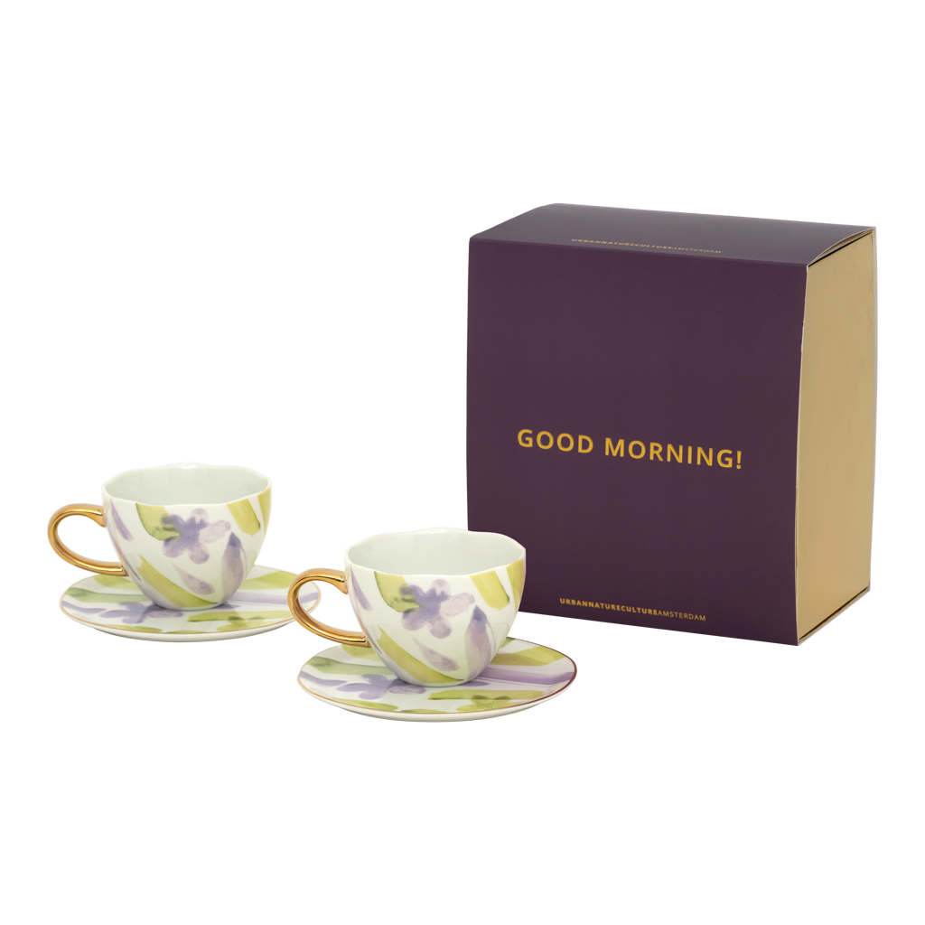 Good Morning-kopje voor cappuccino/thee en bordje Liatris/Kusha, set van 4, in cadeauverpakking