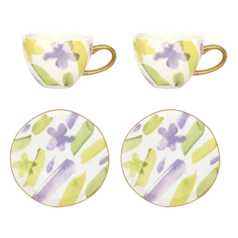 Good Morning-kopje voor cappuccino/thee en bordje Liatris/Kusha, set van 4, in cadeauverpakking