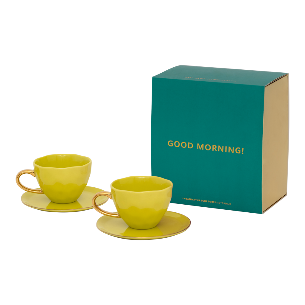Good Morning cappuccino-/theekop en schotel liatris/lime light, set van 4, in geschenkverpakking