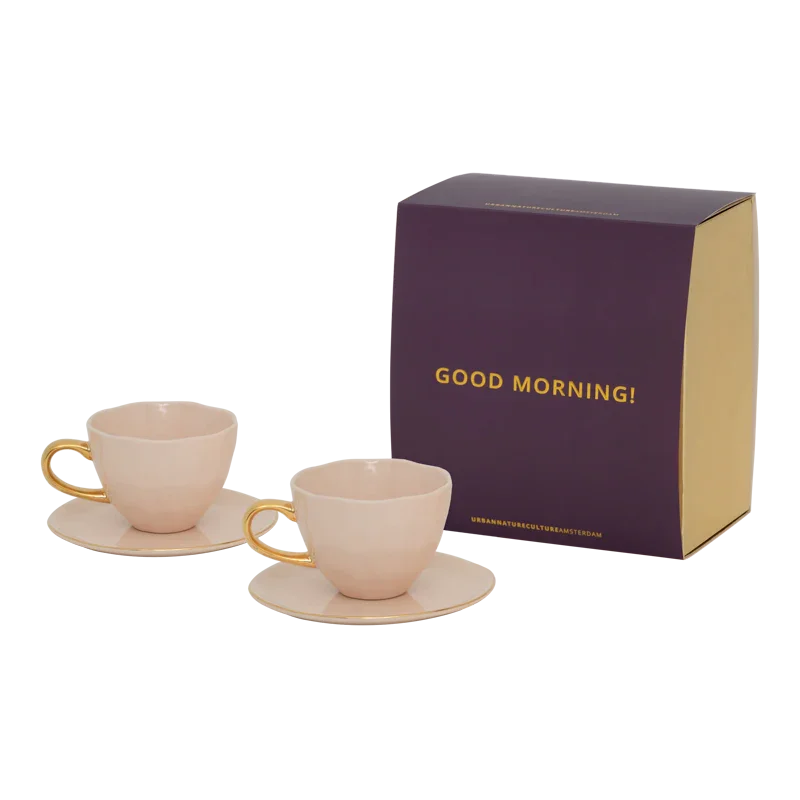 Good Morning-kop cappuccino/thee en bord papaja/oudroze, set van 4, in geschenkverpakking