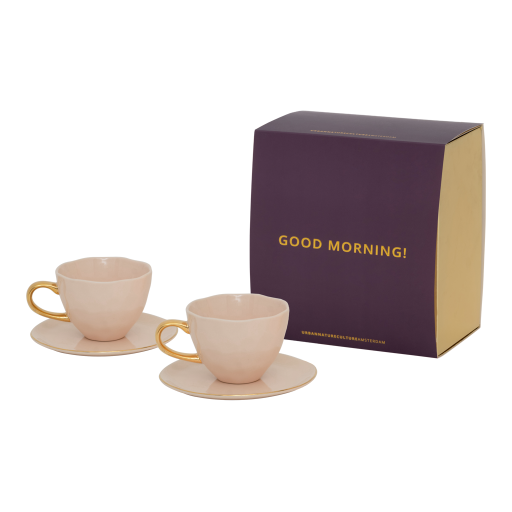 Good Morning-kop cappuccino/thee en bord papaja/oudroze, set van 4, in geschenkverpakking