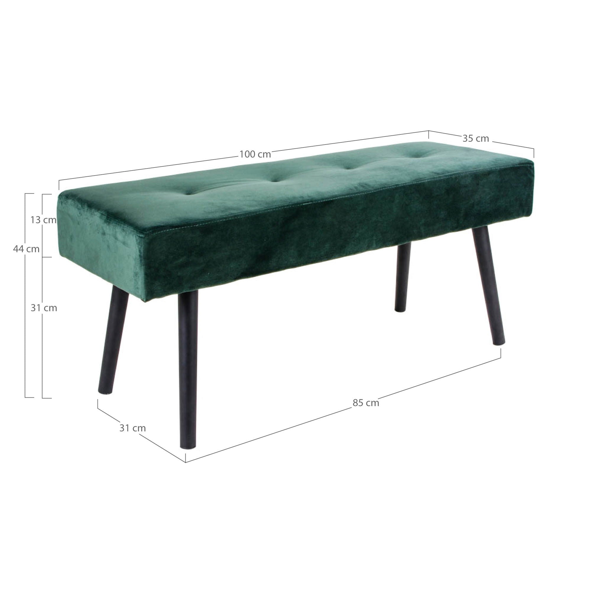 Skiby Bank - Bank, fluweel, donkergroen, zwarte poten 100x35x44 cm, HN1206