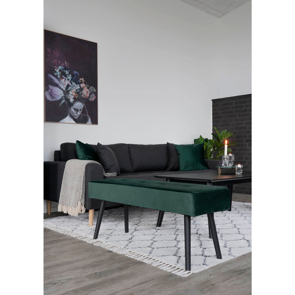 Skiby Bank - Bank, fluweel, donkergroen, zwarte poten 100x35x44 cm, HN1206