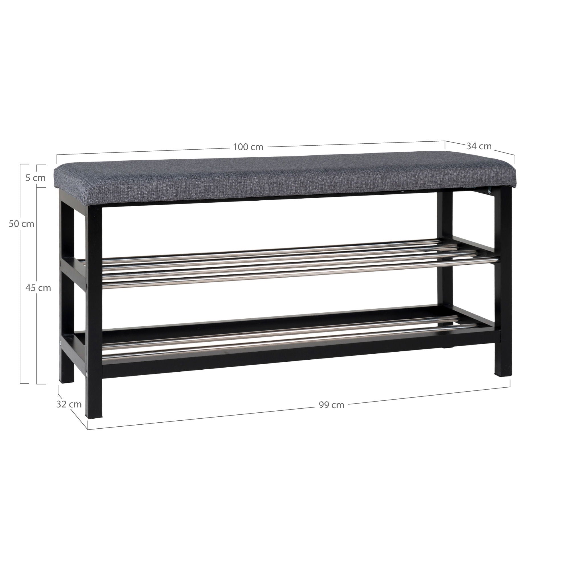 Padova Bench - bank met kussen en 2 planken, grijs, zwarte poten, 100x34x50 cm