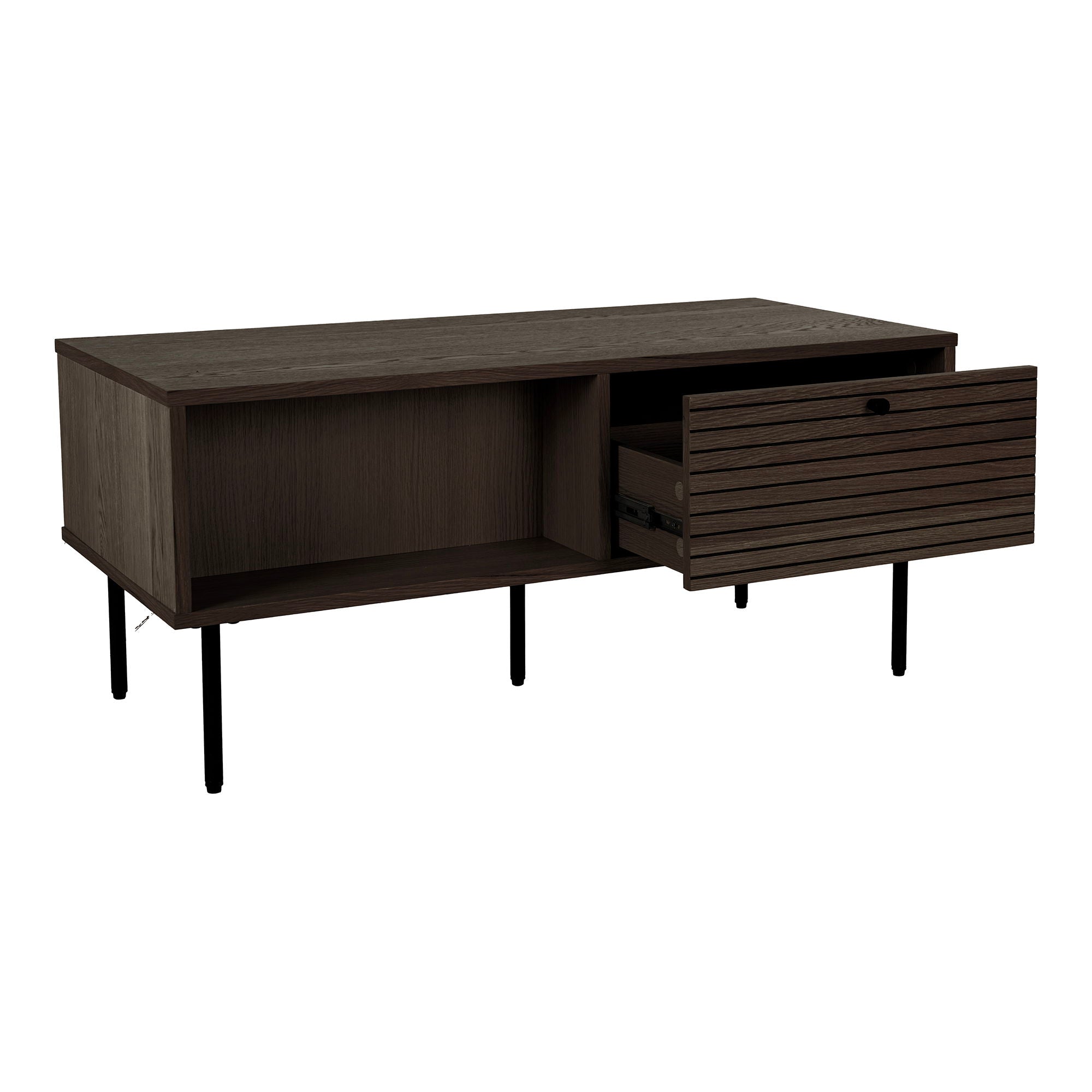 Kyoto-salontafel - salontafel, 2 lades, eikenfineer, gerookt, zwarte metalen poten 50 x 100 x 45 cm