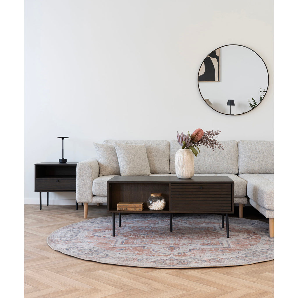 Kyoto-salontafel - salontafel, 2 lades, eikenfineer, gerookt, zwarte metalen poten 50 x 100 x 45 cm