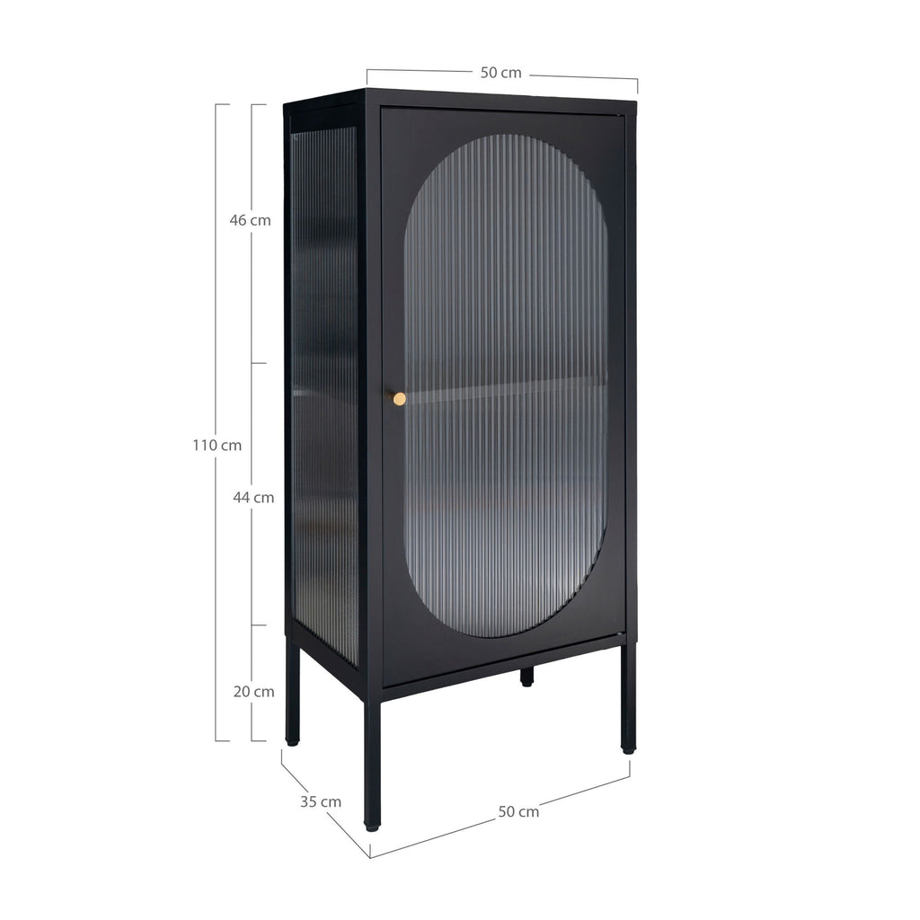 Adelaide vitrinekast - vitrinekast, 1 geribbeld glazen deur, staal, zwart 50x35x110 cm